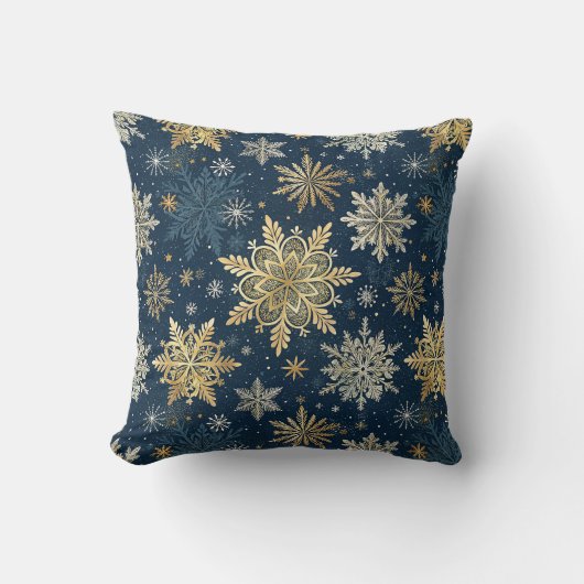 Gold Snowflakes Blue Winter Christmas  クッション (正面)