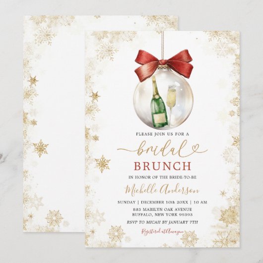 Gold Snowflakes Christmas Bauble Bridal Brunch 招待状 (正面/裏面)