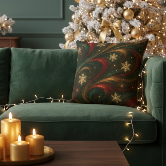 Gold Snowflakes Emerald Red Gold Holiday クッション