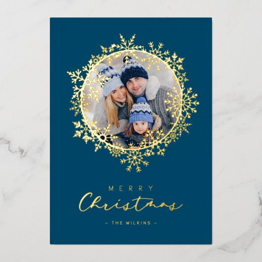 Gold Snowflakes Merry Christmas Round Family Photo 箔シーズンカード (正面)