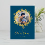 Gold Snowflakes Merry Christmas Round Family Photo 箔シーズンカード (立ち正面)