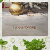 Gold Snowman Christmas Tree Holiday キッチンタオル (折り畳み)