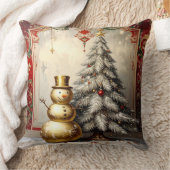 Gold Snowman Christmas Tree Holiday クッション (ブランケット)