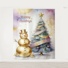 Gold Snowman Christmas Tree Holiday Backdrop タペストリー