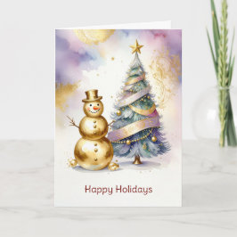 Gold Snowman Christmas Tree Holiday Card カード