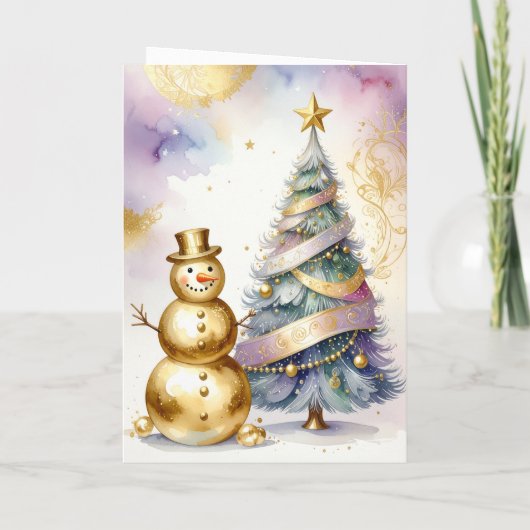 Gold Snowman Christmas Tree Holiday Card カード (裏面)