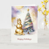 Gold Snowman Christmas Tree Holiday Card カード (黄色い花)