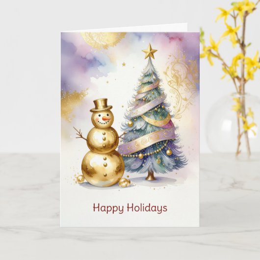 Gold Snowman Christmas Tree Holiday Card カード (黄色い花)