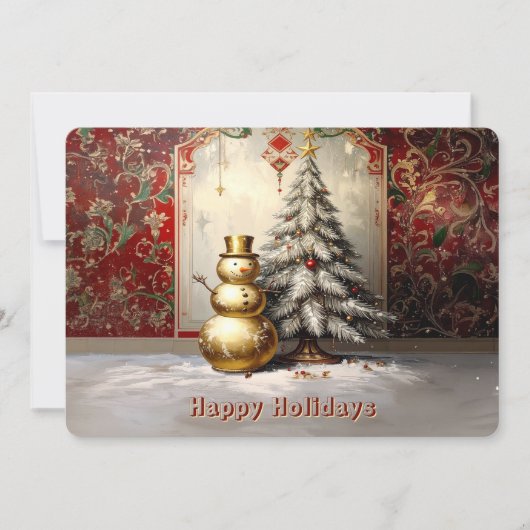 Gold Snowman Christmas Tree Holiday Card シーズンカード (正面)
