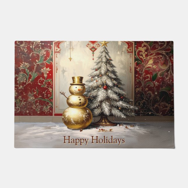 Gold Snowman Christmas Tree Holiday Doormat ドアマット (正面)