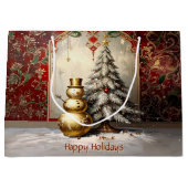 Gold Snowman Christmas Tree Holiday Gift Bag ラージペーパーバッグ (正面)