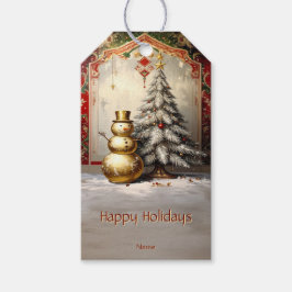Gold Snowman Christmas Tree Holiday Gift Tag ギフトタグ