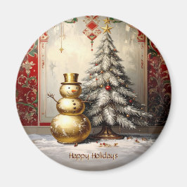 Gold Snowman Christmas Tree Holiday Magnet マグネット