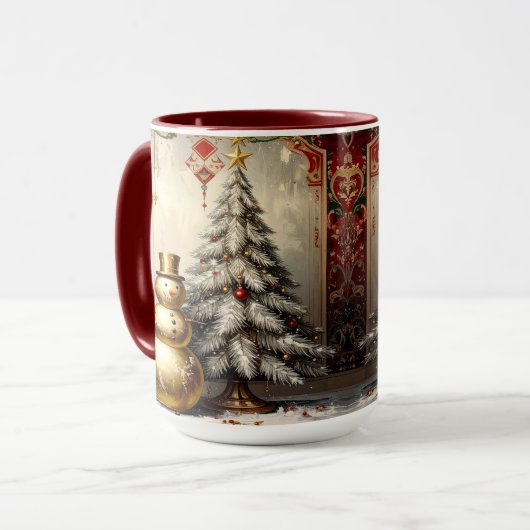 Gold Snowman Christmas Tree Holiday Mug マグカップ (正面左)