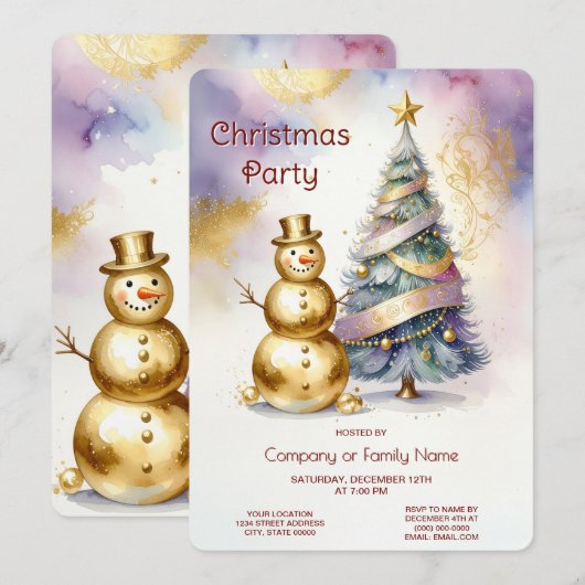 Gold Snowman Christmas Tree Holiday Party 招待状 (正面/裏面)