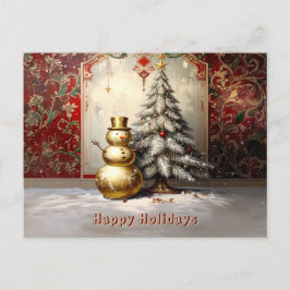 Gold Snowman Christmas Tree Holiday Postcard ポストカード