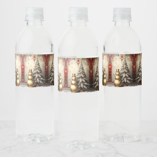 Gold Snowman Christmas Tree Water Bottle Label ペットボトルラベル (ボトル)