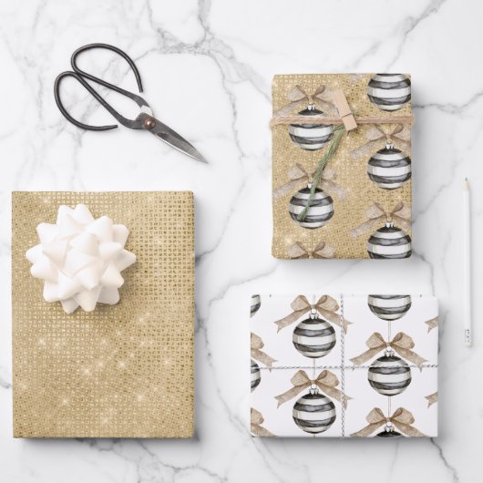 Gold Sparkle Christmas Black Stripes Ornament Bow ラッピングペーパーシート (正面)