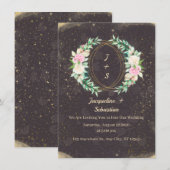 Gold Sparkle Floral Wreath Wedding 招待状 (正面/裏面)