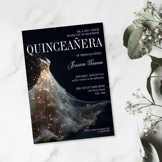 Gold Sparkle Sweet 16 Dress Quinceanera 招待状