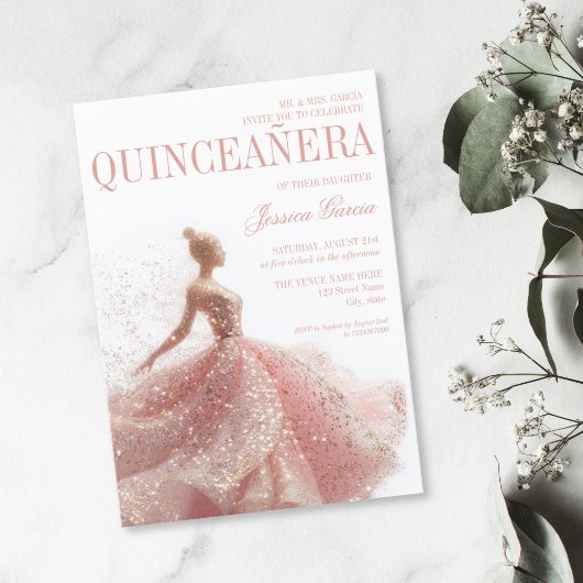 Gold Sparkle Sweet 16 Dress Quinceanera 招待状