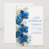 Gold Speckled Cobalt Blue Orchid Wedding 招待状 (正面/裏面)