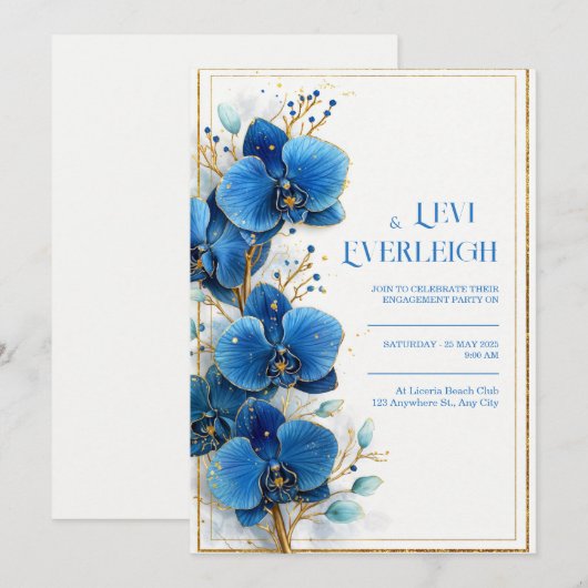 Gold Speckled Cobalt Blue Orchid Wedding 招待状 (正面/裏面)