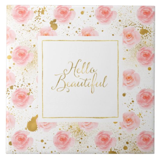 Gold Splatters Pink Roses Hello Beautiful タイル (正面)