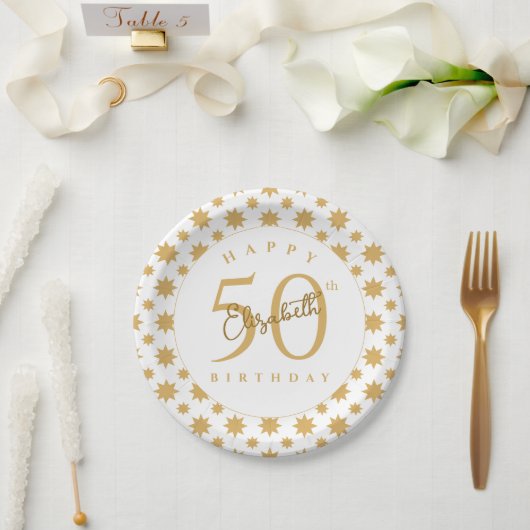 Gold Stars 50th Birthday Custom Name  ペーパープレート (ウェディング)