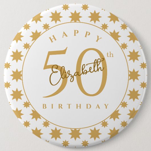 Gold Stars 50th Birthday Custom Name  缶バッジ (正面)