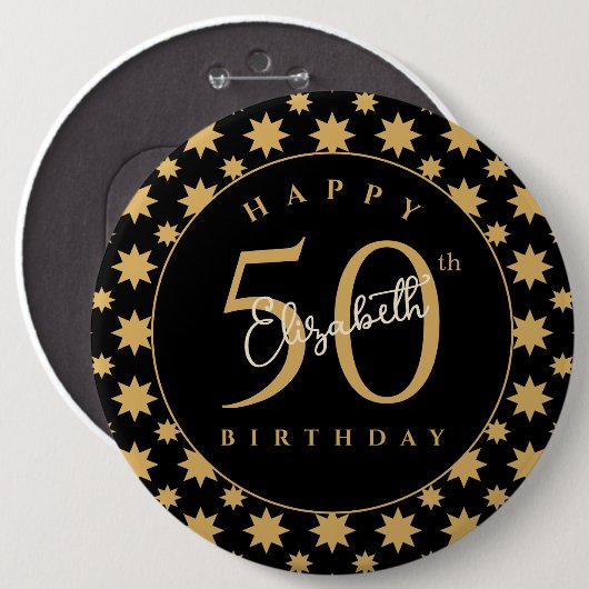 Gold Stars 50th Birthday Custom Name  缶バッジ (正面&裏面)