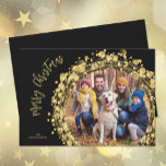Gold Stars on Black Merry Christmas Photo シーズンカード<br><div class="desc">Gold circles, stars and dots wreath on a black background surround your favorite photo with your names and Merry Christmas greeting in chic lettering, a beautiful way to send holiday cheer. *USE A HORIZONTAL PHOTO for best results or crop your photo to a square before uploading. MORE items in our...</div>