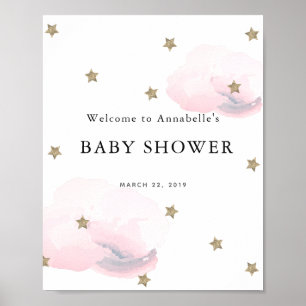 Gold Stars & Pink Clouds Baby Shower Welcome Sign ポスター