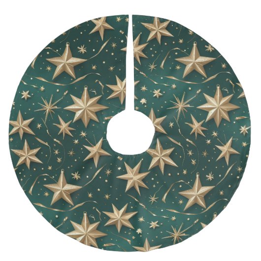 Gold Stars Tree Skirt | Dark Green Elegant Decor ブラッシュドポリエステルツリースカート (正面)