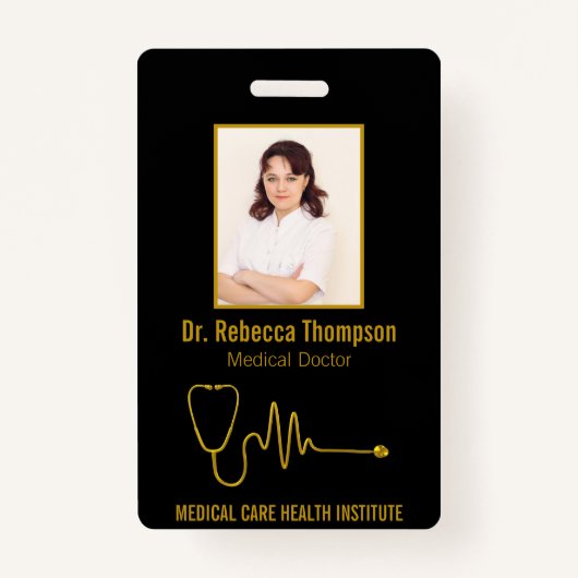 Gold Stethoscope ECG Wave EKG Line | Photo ID バッジ (正面)