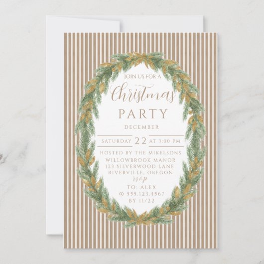 Gold Stripe Pine Wreath Christmas 招待状 (正面)