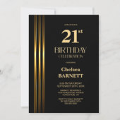 Gold Striped Black 21st Birthday Party 招待状 (正面)