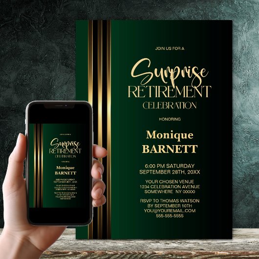 Gold Striped Black Green Surprise Retirement Party 招待状