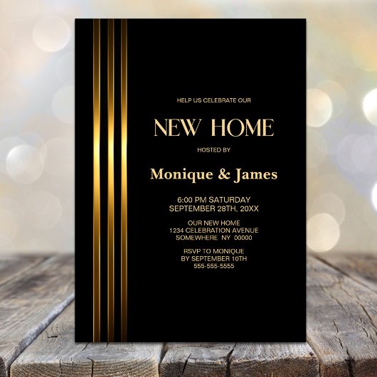 Gold Striped Black Housewarming Party 招待状