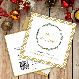 Gold Stripes Wreath Corporate Logo QR Code Holiday シーズンカード