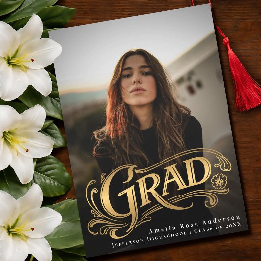 Gold Stylish Vintage Grad Photo Announcement Card  招待状