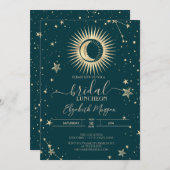 Gold Sun And Moon Stars Green Bridal Luncheon 招待状 (正面/裏面)
