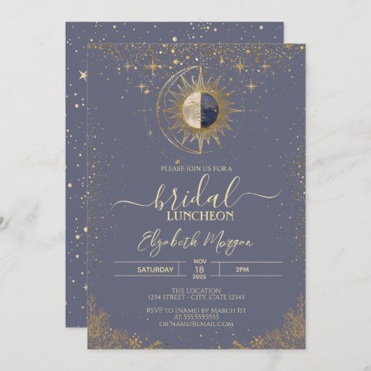 Gold Sun Celestial Stars  Bridal Shower 招待状 (正面/裏面)