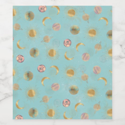 Gold Sun Moon Planets Space Blue illustration ワインラベル (シングルラベル)