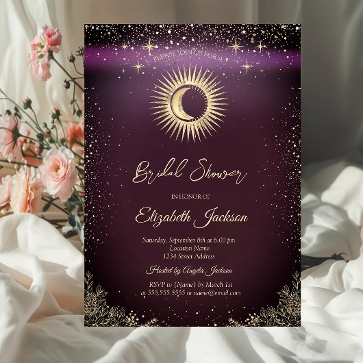 Gold Sun,Moon,Stars Flowers Burgundy Bridal Shower 招待状