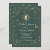 Gold Sun Stars Frame Green Bridal Shower 招待状 (正面/裏面)