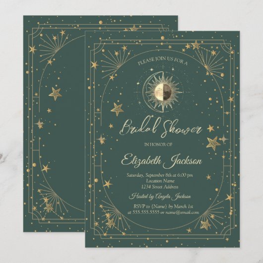 Gold Sun Stars Frame Green Bridal Shower 招待状 (正面/裏面)