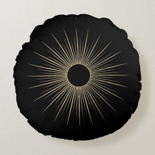Gold Sunburst Black Minimal Round Throw Pillow ラウンドクッション (正面)