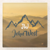Gold sunrise personalizable mountains monogram ガラスコースター (正面)
