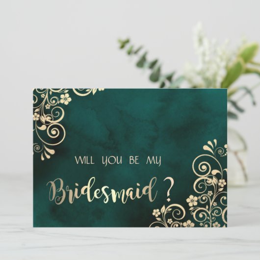 Gold Swirls Emerald Green Bridesmaid Card 招待状 (スタンド正面)